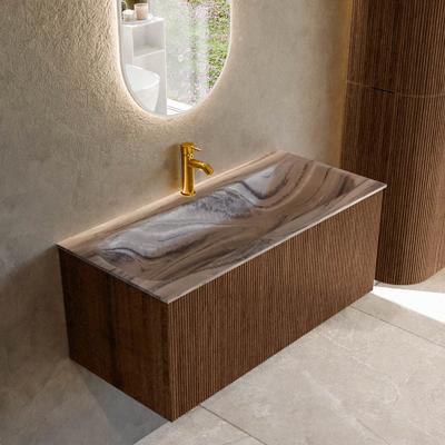 Badmeubel Mondiaz Kurve-Dlux | 100 cm | Meubelkleur Walnut | Wastafelkleur Sombra | Solid surface | Wasbak midden spoelbak | 1 kraangat