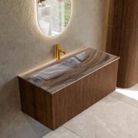 Badmeubel Mondiaz Kurve-Dlux | 100 cm | Meubelkleur Walnut | Wastafelkleur Sombra | Solid surface | Wasbak midden spoelbak | 1 kraangat