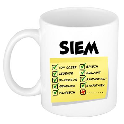 Naam mok Siem - wit - top gozer - keramiek - 300 ml - cadeau collega beker