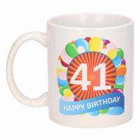 41 jaar Verjaardag koffiemok - cadeau beker - feestelijke ballonnen print - 300 ml - keramiek - wit