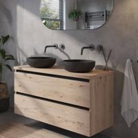 Saqu Gaia voorgemonteerd badmeubel met zwarte greeplijst incl. natuurstenen waskommen 120cm naturel eiken