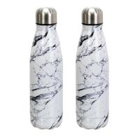 Travel drinkfles voor warme en koude dranken - 2x - marmer - roestvrij staal - met schroefdop - 500