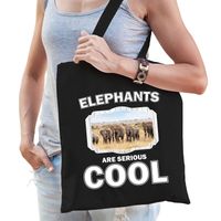 Katoenen tasje elephants are serious cool zwart - kudde olifanten/ olifant cadeau tas - Feest Boodschappentassen - thumbnail