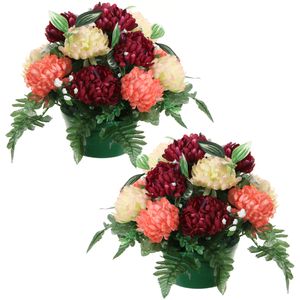 Kunstbloemen plantje crysanten in pot - 2x - zalm/rood/creme - D30 x H24 cm - Bloemstuk - Bladgroen