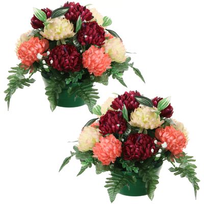 Kunstbloemen plantje crysanten in pot - 2x - zalm/rood/creme - D30 x H24 cm - Bloemstuk - Bladgroen