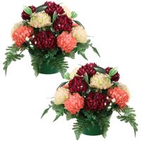 Kunstbloemen plantje crysanten in pot - 2x - zalm/rood/creme - D30 x H24 cm - Bloemstuk - Bladgroen