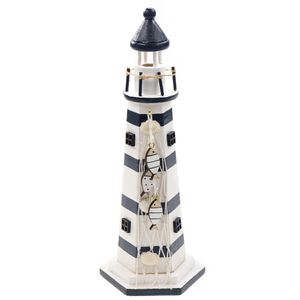 Vuurtoren beeldje met LED licht - Hout - 9 x 22 cm - wit/blauw - Maritieme decoraties binnen