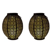 2x stuks tuindecoratie solar lantaarns lampen zwart/goud metaal 23 cm - Lantaarns - thumbnail