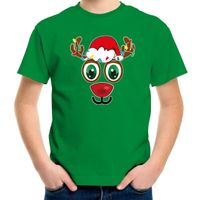 Bellatio Decorations kerst t-shirt voor kinderen - Rudolf gezicht - rendier - groen XL (164-176)  -