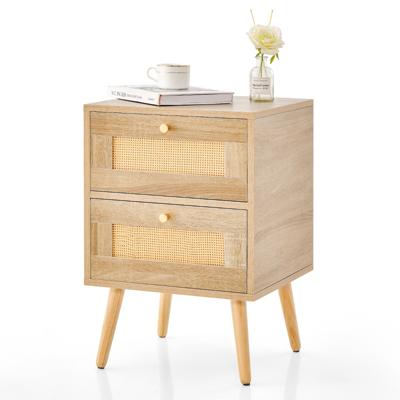 Rotan Nachtkastje met 2 Laden Mid-Century Modern Bijzettafeltje Massief Houten Poten voor Woonkamer Slaapkamer Natuurlijk