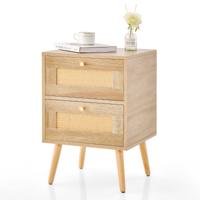 Rotan Nachtkastje met 2 Laden Mid-Century Modern Bijzettafeltje Massief Houten Poten voor Woonkamer Slaapkamer Natuurlijk