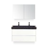 Dante Badmeubelset 100 cm - Wit Hoogglans - Wastafel Hardsteen Wit Lucca 2 kraangaten - met Spiegelkast