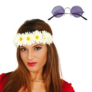 Flower Power verkleed accessoires dames - Bloemen hoofdband - Hippie bril ronde glazen in het paars