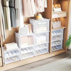 DIY Schoenenrek met 12 Vakken voor 48 Paar Schoenen en Laarzen Kunststof Schoenenkast Schoenenorganizer Wit