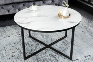 Elegante salontafel BOUTIQUE 80cm wit rond kristalglas met marmeren decor zwart frame - 42159