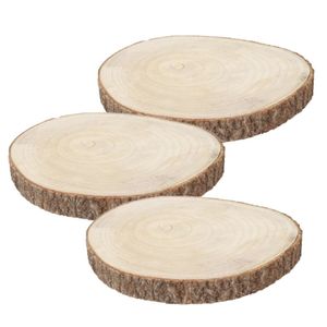 Decoratie boomschijf met schors - 3x - hout - D34 x H4 cm - rond