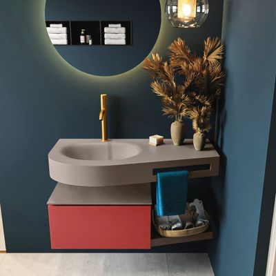 MONDIAZ RIVA 100cm badmeubel onderkast / planchet kleur Fire met 1 lade. Wastafel DULCET links 1 kraangat kleur Smoke.