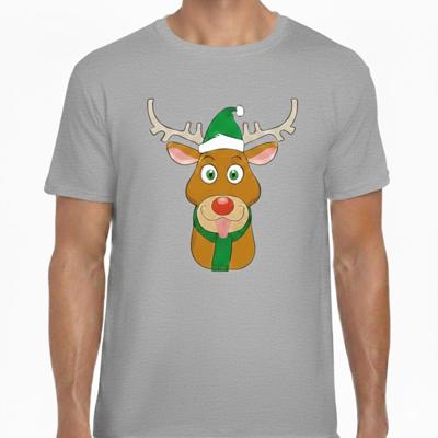 Kerst t-shirt voor heren - grijs - Rendier Rudolf - groene kerstmuts