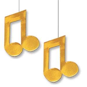 Hangdecoratie muzieknoot - 2x - goud - 29 x 18 cm - van karton - Muziek thema versiering