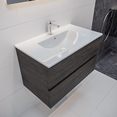 Mondiaz Vica Denia badmeubel eiken donker bruin 80 cm 2 lades keramiek enkele spoelbak midden 1 kraangat