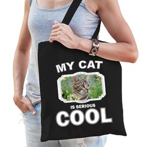 Katoenen tasje my cat is serious cool zwart - Bruine katten / katten cadeau tas