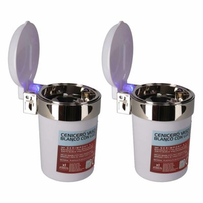 2x Auto asbak wit met Led verlichting en klepje 11 x 9 cm