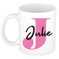 Naam mok Julie - roze - wit - keramiek - 300 ml - verjaardag/cadeau beker