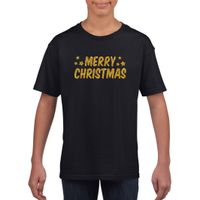 Merry Christmas Kerst t-shirt zwart voor kinderen met gouden glitter bedrukking - thumbnail