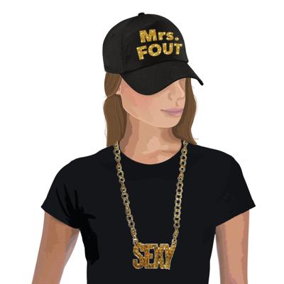 Foute party Mrs. FOUT verkleed set - petje zwart/goud - voor dames - met een gouden sexy ketting Foute party Mrs. FOUT verkleed set - petje zwart/goud - voor dames - met een gouden sexy ketting