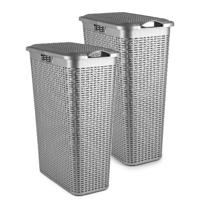 Smalle Wasmand met deksel Rotan - 2x - zilvergrijs - gevlochten kunststof - 48 L - 27 x 46 x 60 cm