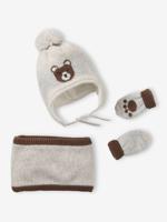 Babyset Muts Peruviaans Jacquard Beer Snood en Wanten gemêleerd beige