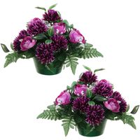 Kunstbloemen plantje ranonkels/asters in pot - 2x - kleuren paars - 25 cm - Bloemstuk - Bladgroen