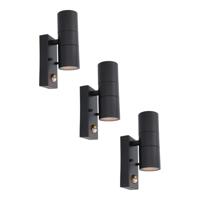 Set van 3 Blenda Wandlamp Zwart - 2700K Warm Wit - 8 watt 690 lumen - Bewegingssensor en Schemerschakelaar - IP44 Waterdicht - Up & Downlight voor buiten