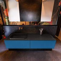Badkamermeubelset Mondiaz Erin 150 cm met 2 Lades met RIDGE Wastafel Links Urban Zonder Kraangaten Greeploos Mat Jeans