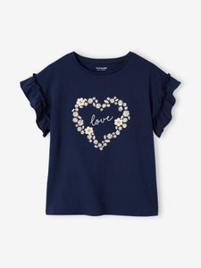 Meisjes-T-shirt met iriserend motief en korte mouwen met ruches marineblauw