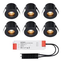 Set van 6 Olivia LED Mini Inbouwspots met Trafo - 12 Volt 3 Watt 150 lumen - Verzonken - Plat 36mm - 2700K - IP44 waterdicht - Niet Dimbaar - Zwart