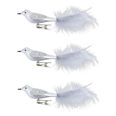 3x stuks decoratie vogels op clip zilver 20 cm