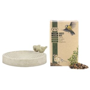 Vogelbad/voederschaal rond beton 29,5 x 29,5 cm inclusief 2.5 kilo voer