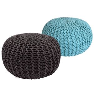 Sunfield Poefs Set Van 2 Gebreide Poefs Rond Vloerkussen Ø 55 Cm H 37 Cm Zwart Turquoise