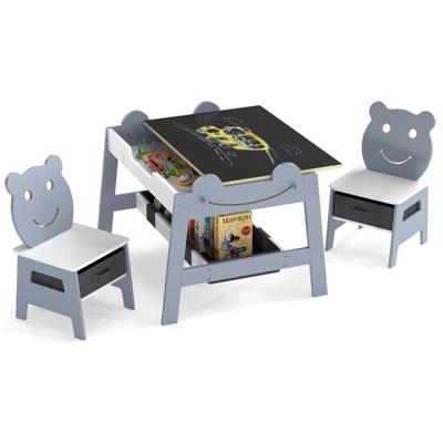 Kindertafel met 2 Stoelen 5-in-1 Schattige Kinderbureau Set met Omkeerbaar Schoolbord/Whiteboard 4 Haken Opbergruimte en Bakjes-Grijs-Model 2