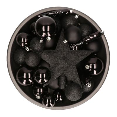 33x stuks kunststof kerstballen met piek 5-6-8 cm zwart incl. haakjes