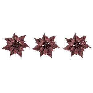 3x stuks decoratie bloemen kerstster donkerrood glitter op clip 18 cm