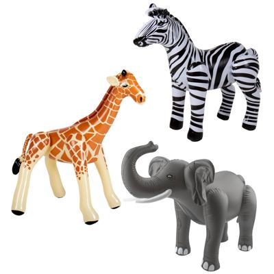 Folat Opblaasbare dieren - 3x stuks - safari en jungle thema - kunststof - zebra - giraffe - olifant