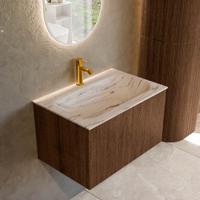 Badmeubel Mondiaz Kurve-Dlux | 70 cm | Meubelkleur Walnut | Wastafelkleur Nata | Solid surface | Wasbak midden spoelbak | 1 kraangat