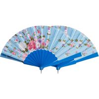 Handwaaier/Spaanse waaier Flowers - 2x - blauw - 30 cm - Verkleedattributen - thumbnail