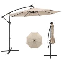 300 cm Grote Verplaatsbare Parasol met 40 Lampen & Zonnepanelen Marktparasol Verlichte Vrijstaande Parasol voor Tuin Beige