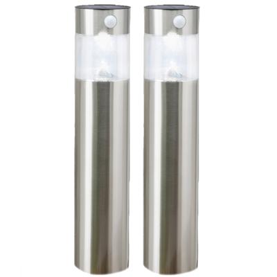 Hi Solar tuinlamp/prikspot pilaar - 2x - zilver - RVS - 50 cm - zonne energie met bewegingssensor