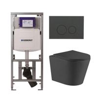 QeramiQ Dely Toiletset - 36.3x51.7cm - diepspoel - rimless - Geberit UP320 Burda inbouwreservoir - softclose toiletzitting - bedieningsplaat mat antraciet - ronde knoppen - zwart mat SW1026253/0701131/SW1102376/SW1000768