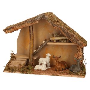 Complete kerststal met dieren beeldjes - 39 x 19 x 28 cm - hout/mos/polyresin