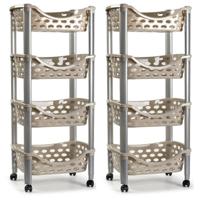 Plasticforte trolley - 2x - keukentrolley op wieltjes - 4-laags - beige - kunststof - 40 x 88 cm